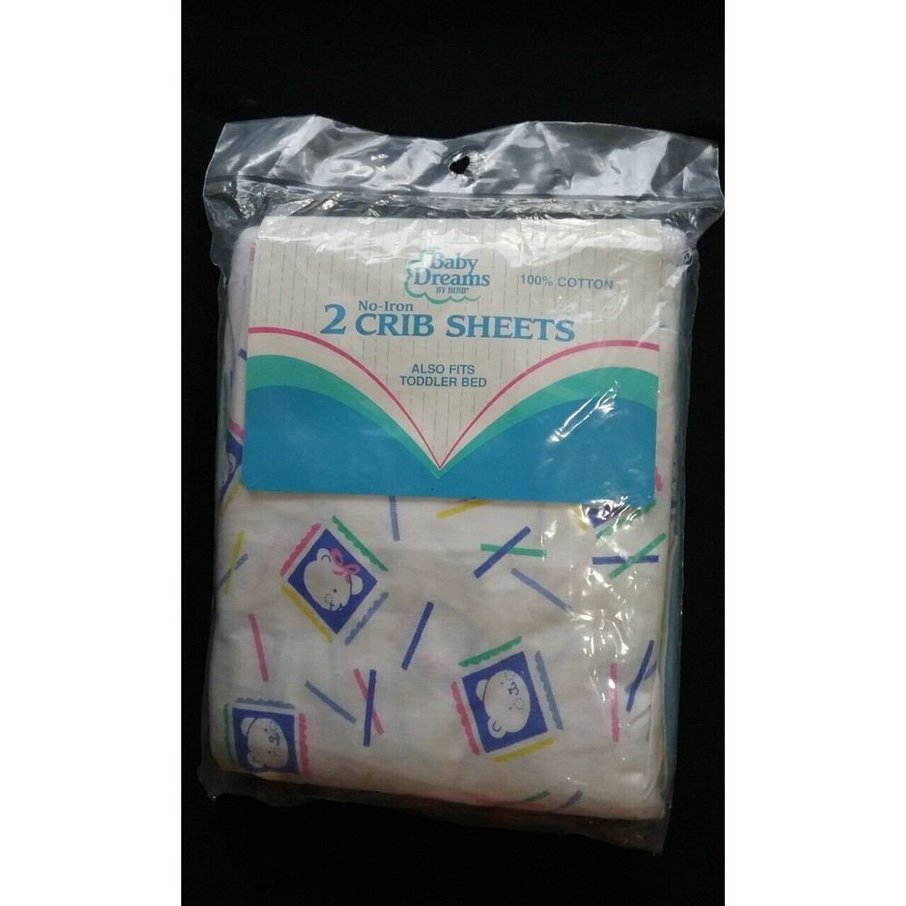 Vintage Baby Dreams by BIBB 2 Crib Sheets Teddy Faces Blue and White 100% Cotton